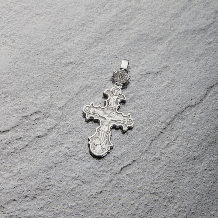 Cross with Lily Petal Arms and the Words ‘Save and Protect’ 